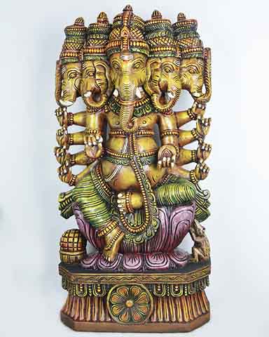 Yellowish panchamugha Ganesha wooden statue 37"