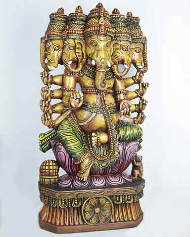 Yellowish panchamugha Ganesha wooden statue 37"