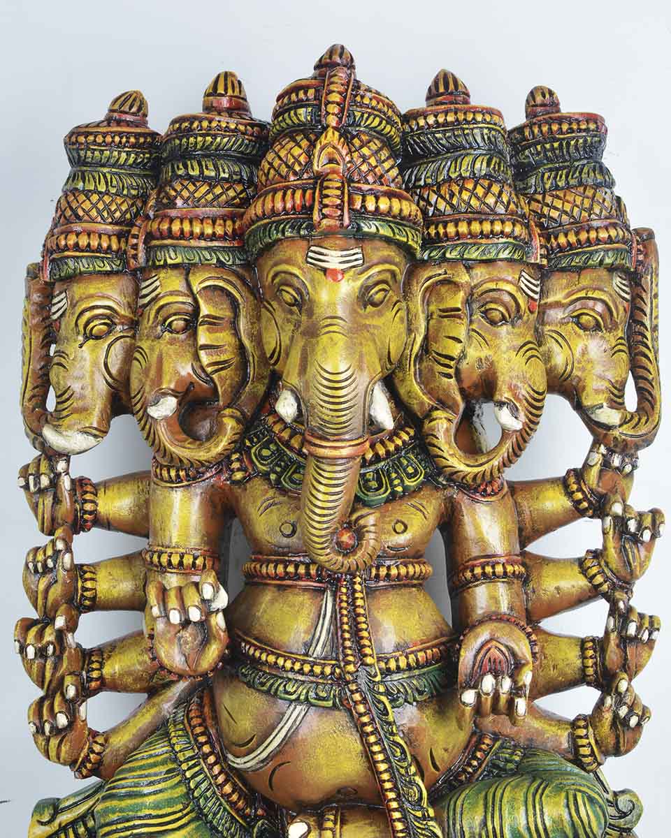 Yellowish panchamugha Ganesha wooden statue 37"