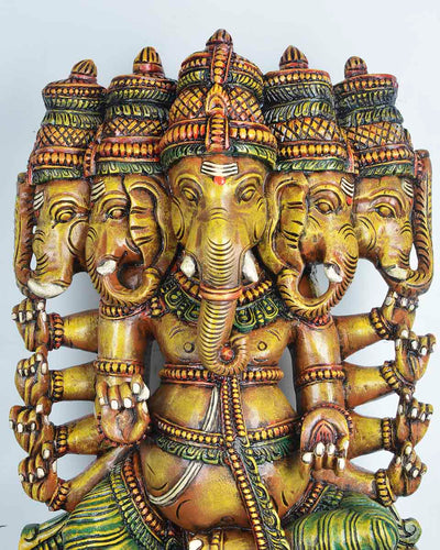 Yellowish panchamugha Ganesha wooden statue 37"