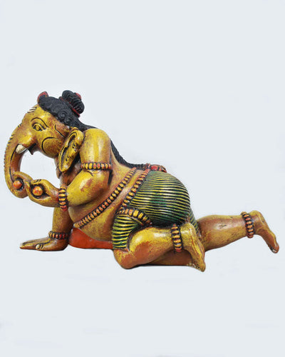 Baby Ganesh Crawling&Eating Mothak wooden statue 18"