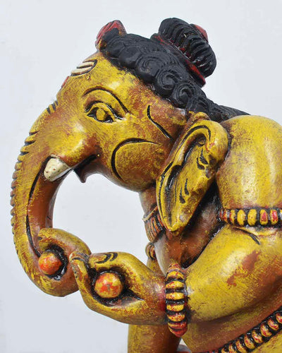 Baby Ganesh Crawling&Eating Mothak wooden statue 18"
