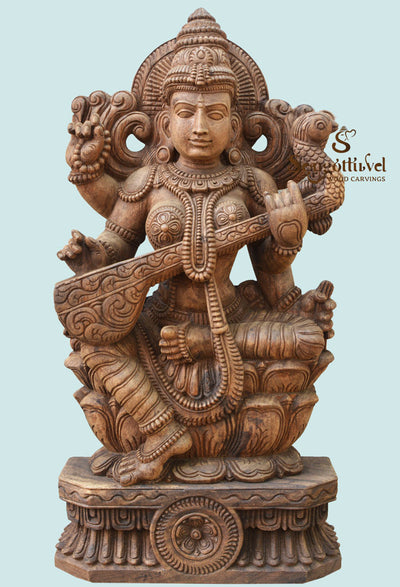 Saraswathi Seated on Lotus with veena wooden statue 37"