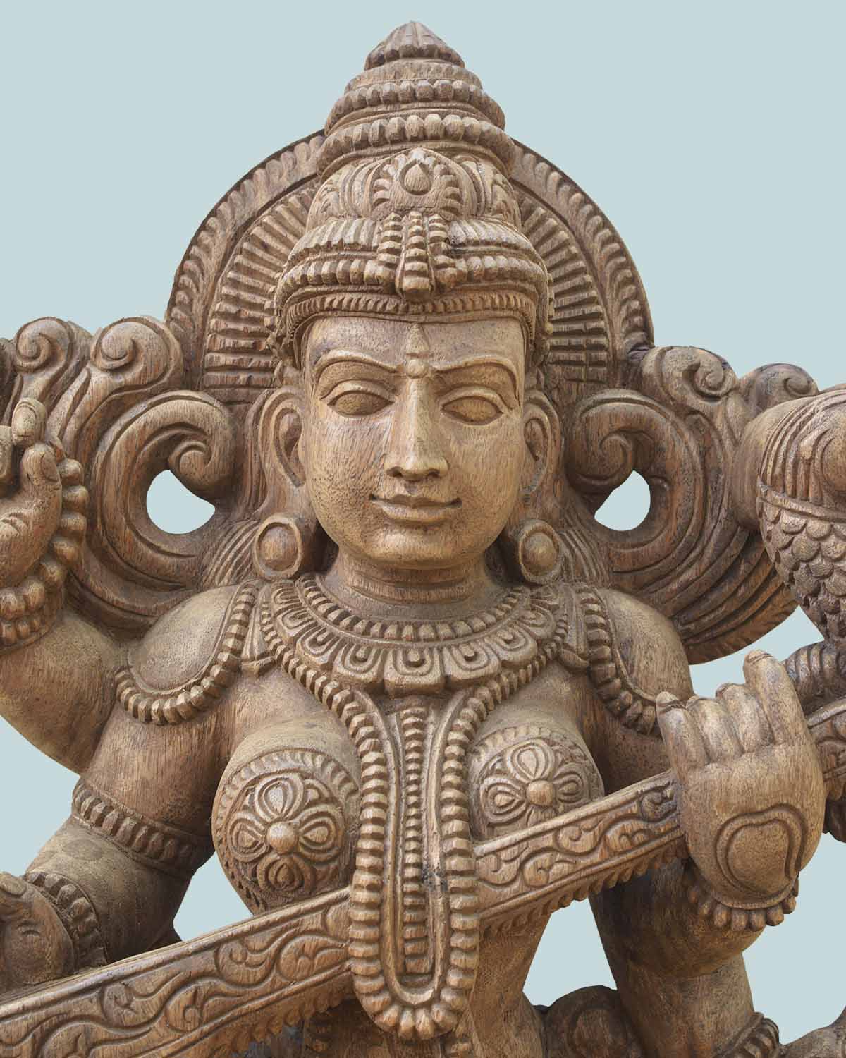 Saraswathi Seated on Lotus with veena wooden statue 37"