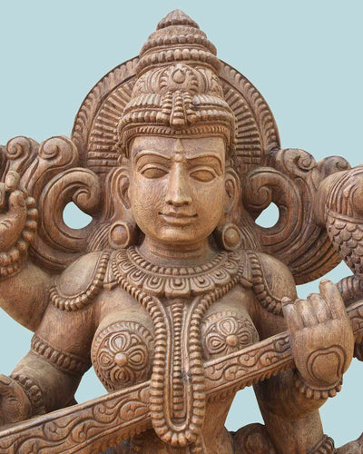 Saraswathi Seated on Lotus with veena wooden statue 37"