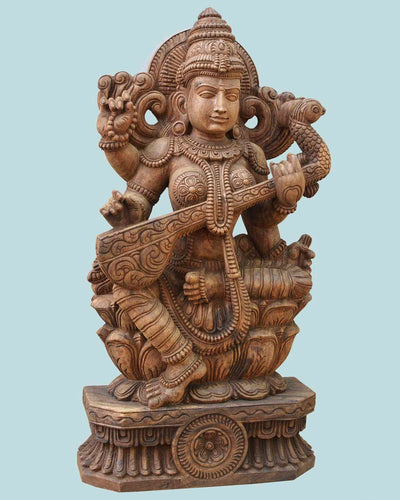 Saraswathi Seated on Lotus with veena wooden statue 37"
