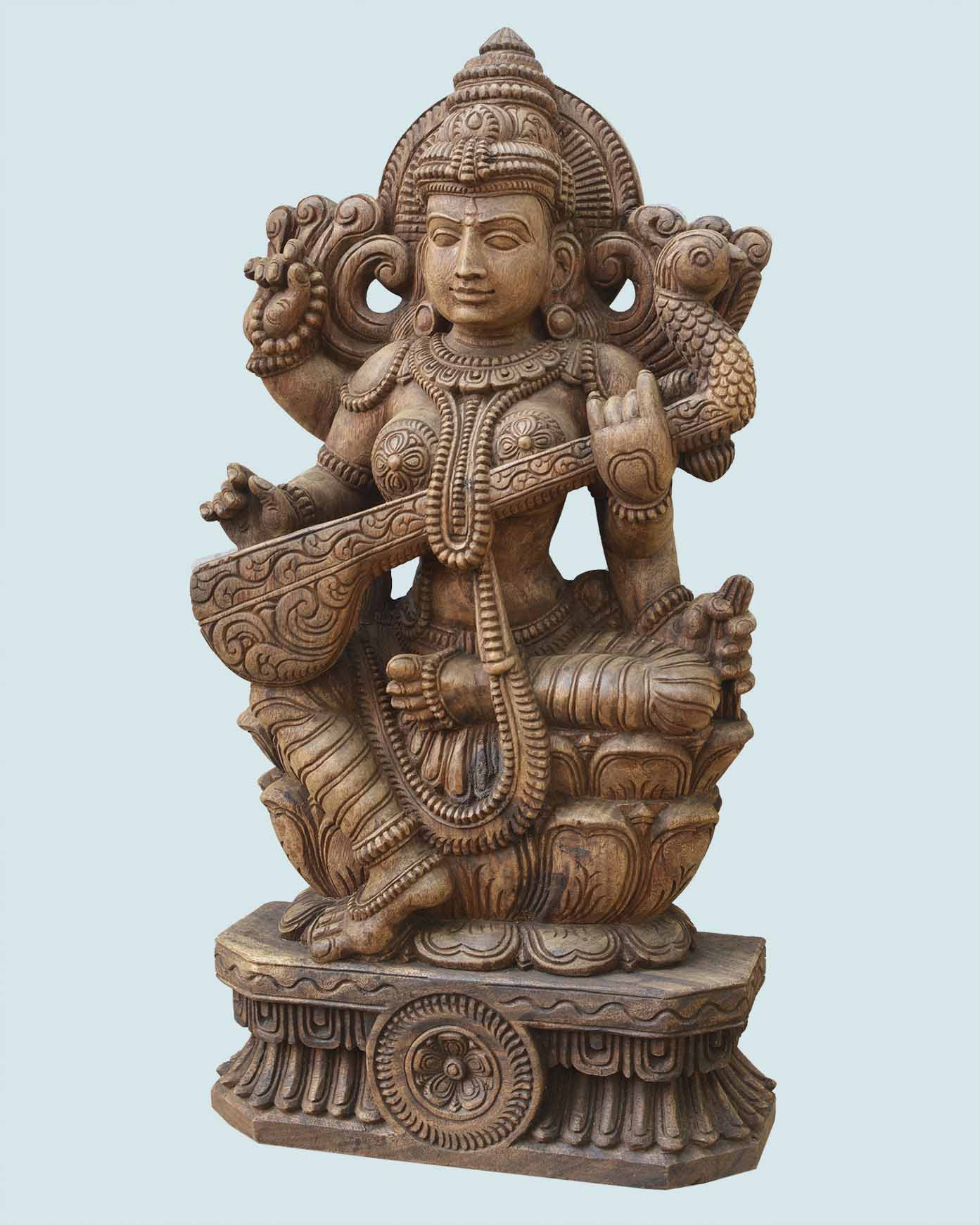 Saraswathi Seated on Lotus with veena wooden statue 37"