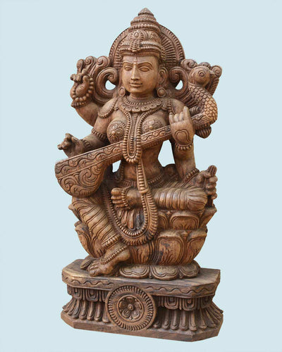 Saraswathi Seated on Lotus with veena wooden statue 37"