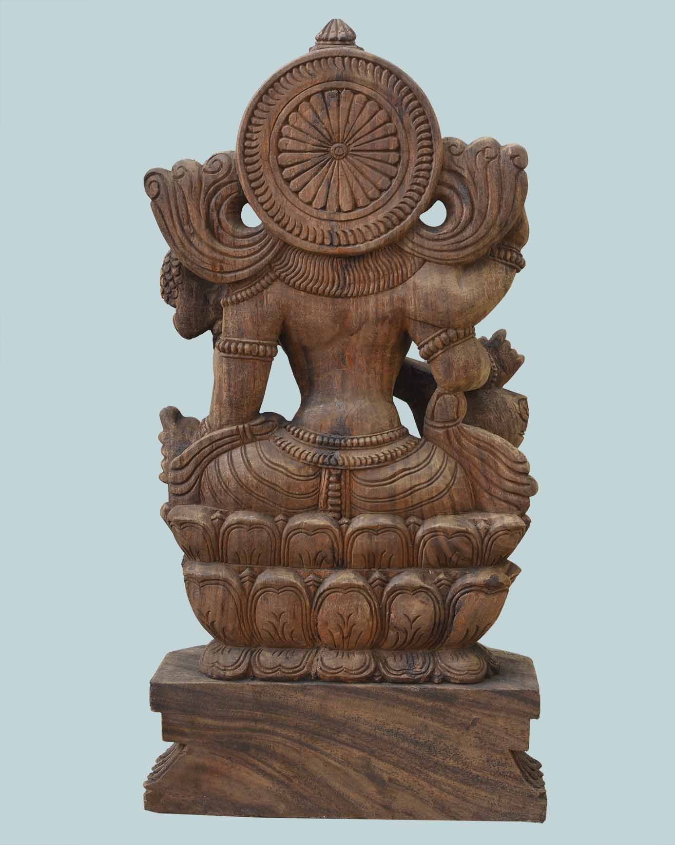 Saraswathi Seated on Lotus with veena wooden statue 37"