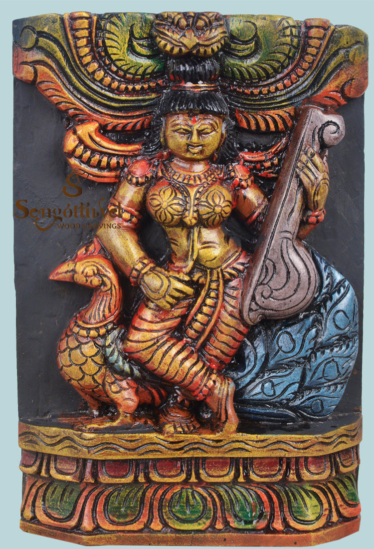 wooden goddess saraswathi holding veena wall mount 