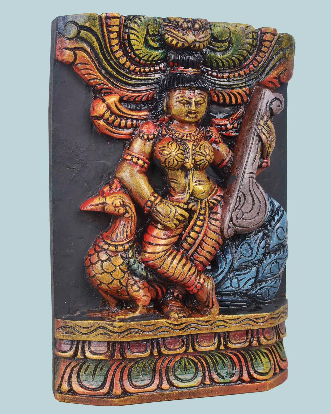 Goddess saraswathi Holding veena&peacock wall Mount 11"