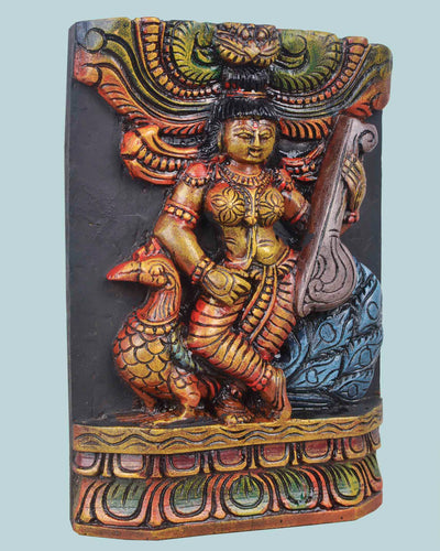 Goddess saraswathi Holding veena&peacock wall Mount 11"