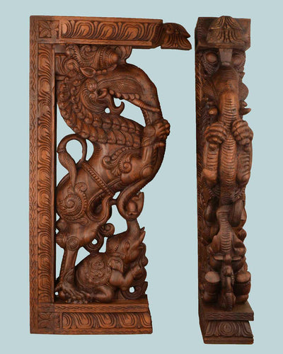 Wooden Ancient Animal yaazhi&Elephant Brackets 37"