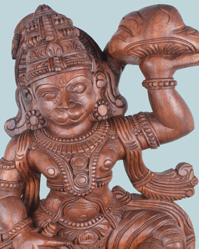 Flying Hanuman with Sanjeevani Mountain wooden sculpture 37"