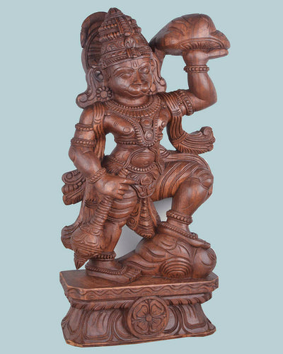 Flying Hanuman with Sanjeevani Mountain wooden sculpture 37"