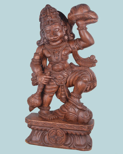 Flying Hanuman with Sanjeevani Mountain wooden sculpture 37"