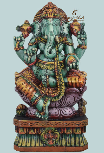 Lord Green Ganesh on pink Lotus sculpture 24"