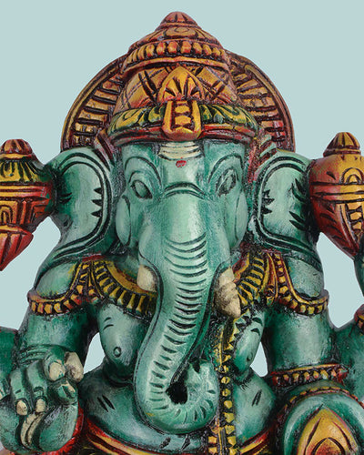 Lord Green Ganesh on pink Lotus sculpture 24"