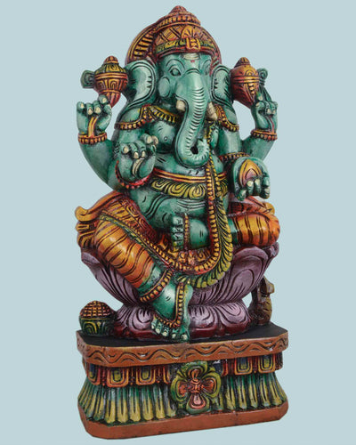 Lord Green Ganesh on pink Lotus sculpture 24"