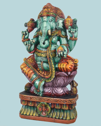 Lord Green Ganesh on pink Lotus sculpture 24"