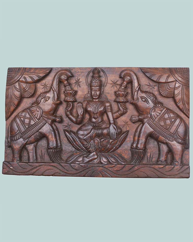 Goddess GajaLakshmi seated on Lotus Horizontal  wooden panel 19"