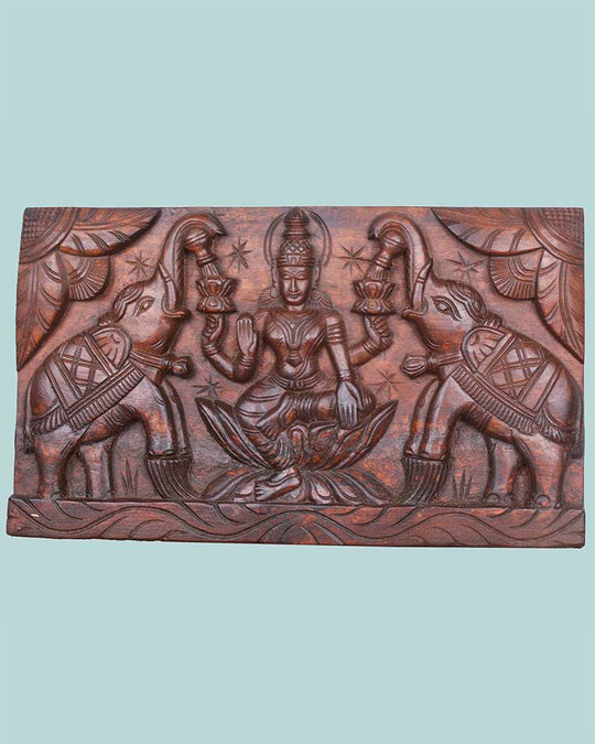 Goddess GajaLakshmi seated on Lotus Horizontal  wooden panel 19"