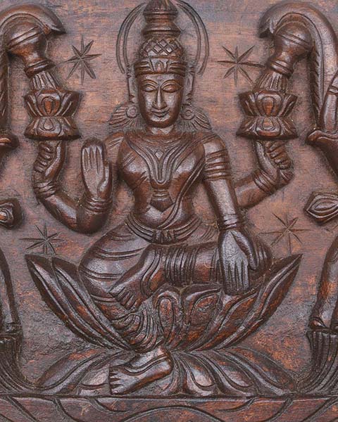 Goddess GajaLakshmi seated on Lotus Horizontal  wooden panel 19"