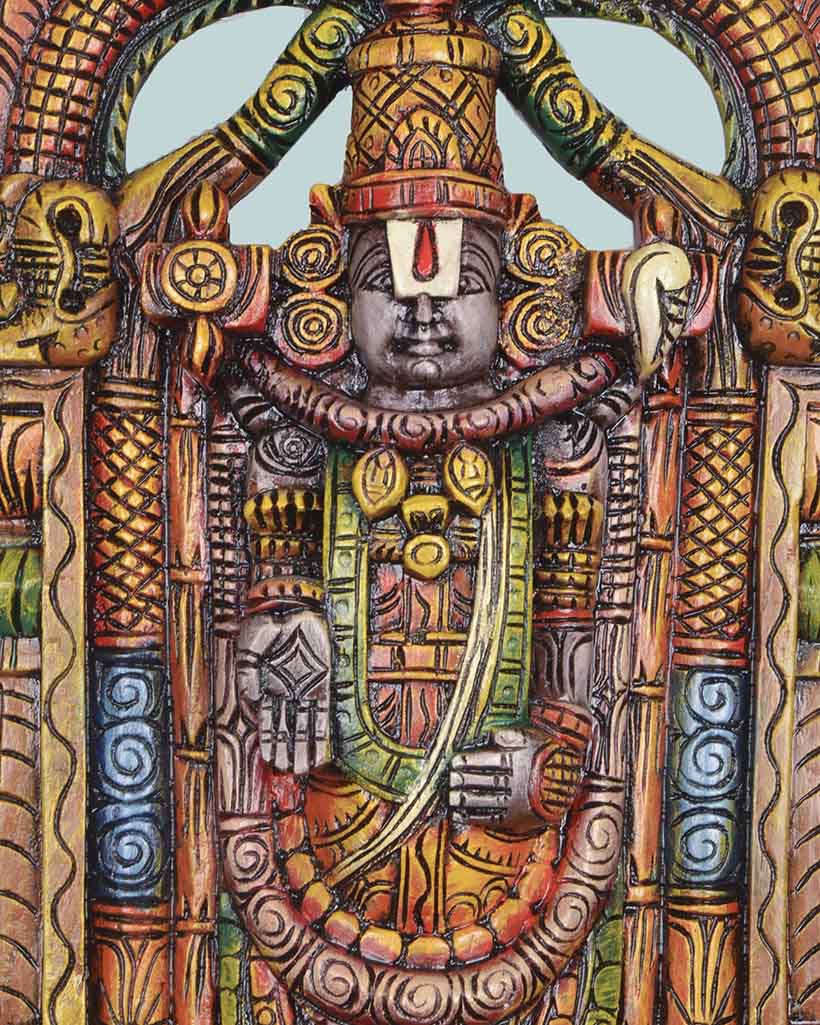 Tirumala Tirupathi Coloured Wooden Sculpture  25"