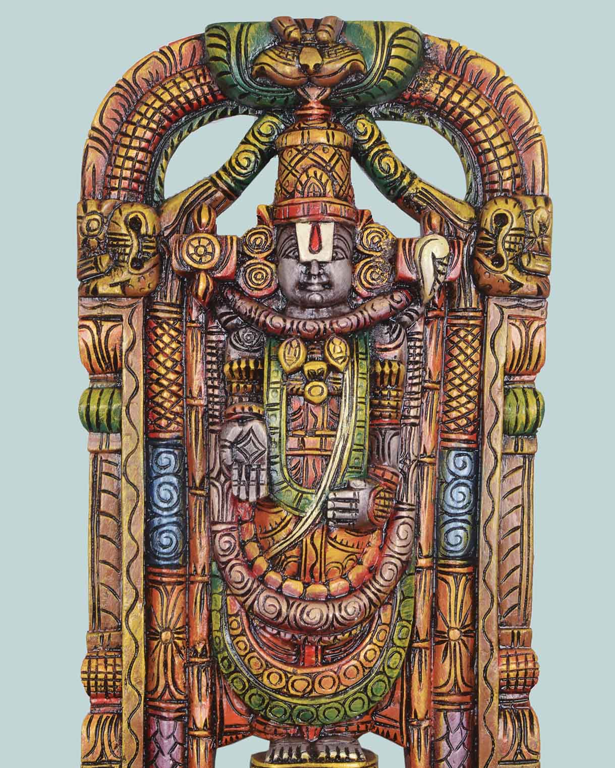 Tirumala Tirupathi Coloured Wooden Sculpture  25"