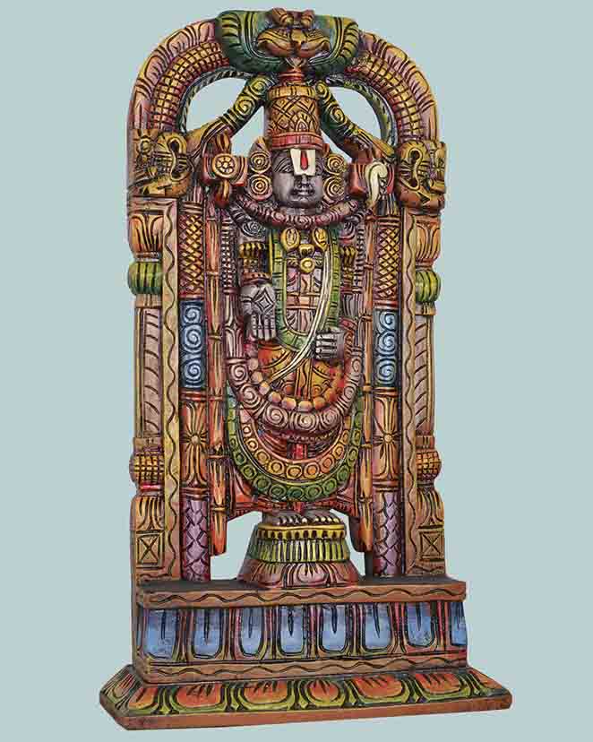 Tirumala Tirupathi Coloured Wooden Sculpture  25"