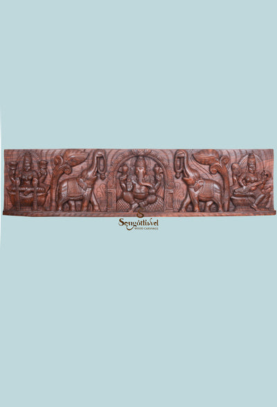 Wooden Gaja Ganesha&Two Beautiful Goddess panel 48.5"