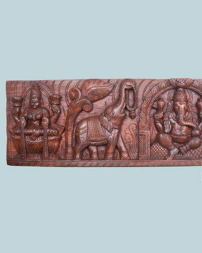 Wooden Gaja Ganesha&Two Beautiful Goddess panel 48.5"