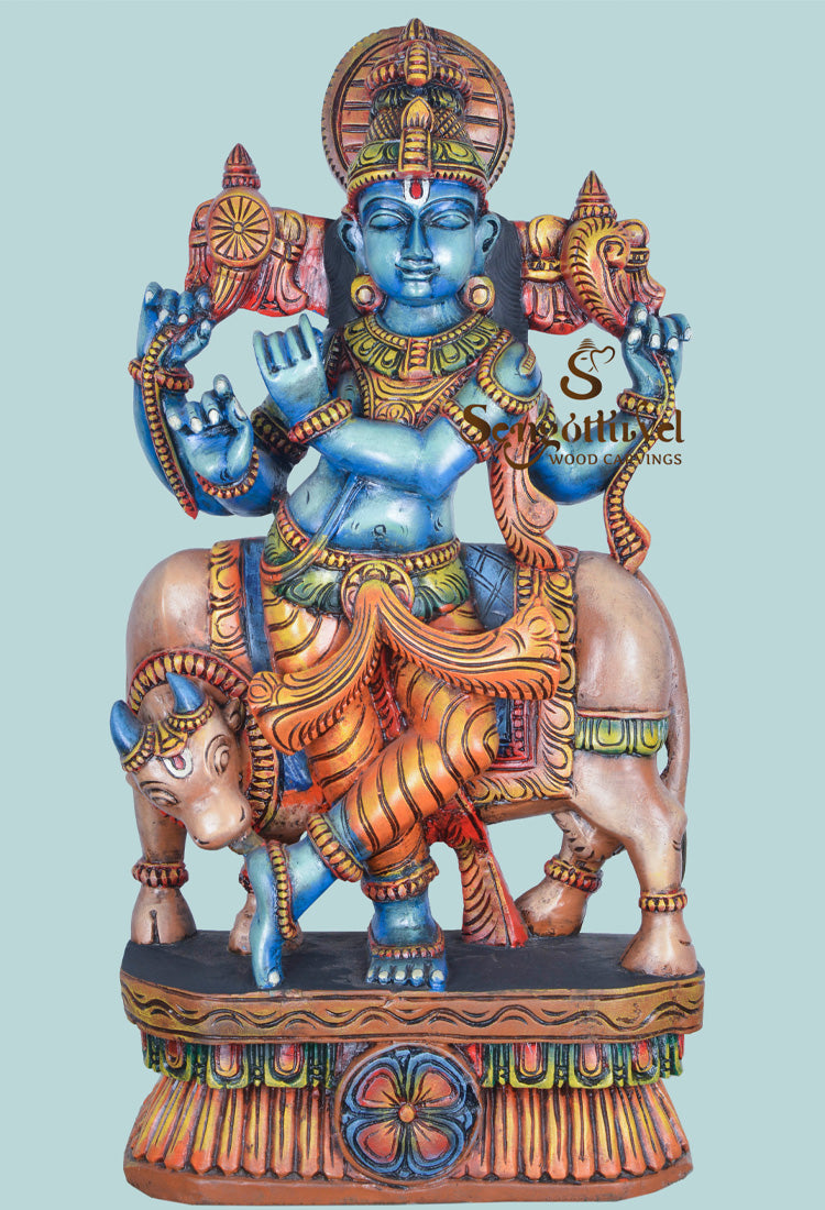 Madhura Krishna&Gomatha cow wooden sculpture 36"