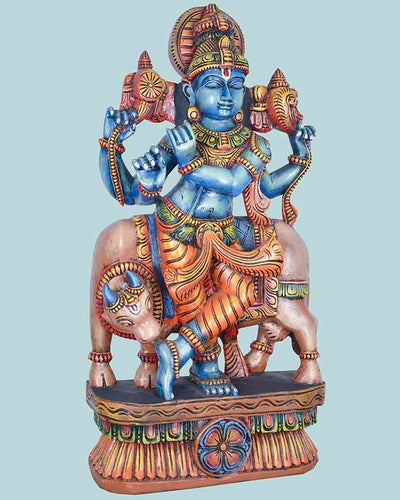 Madhura Krishna&Gomatha cow wooden sculpture 36"