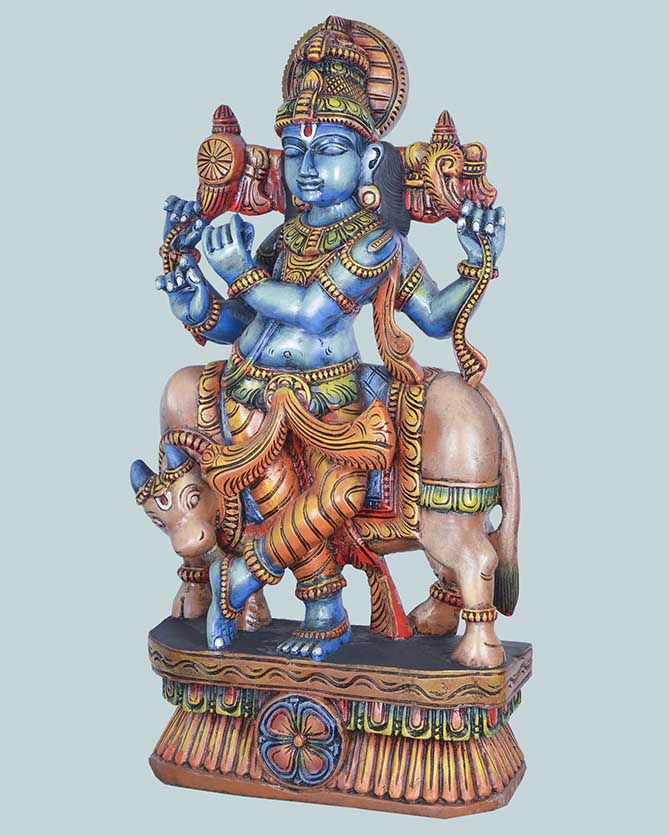 Madhura Krishna&Gomatha cow wooden sculpture 36"