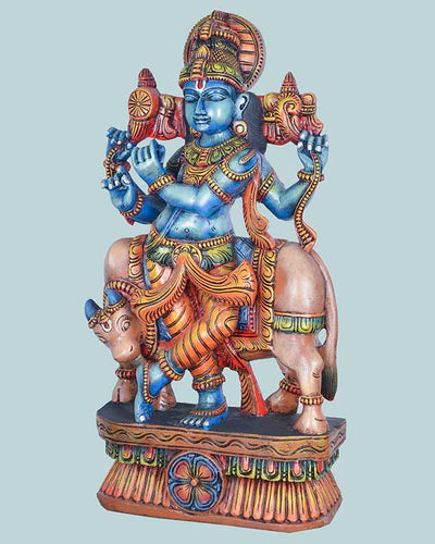 Madhura Krishna&Gomatha cow wooden sculpture 36"