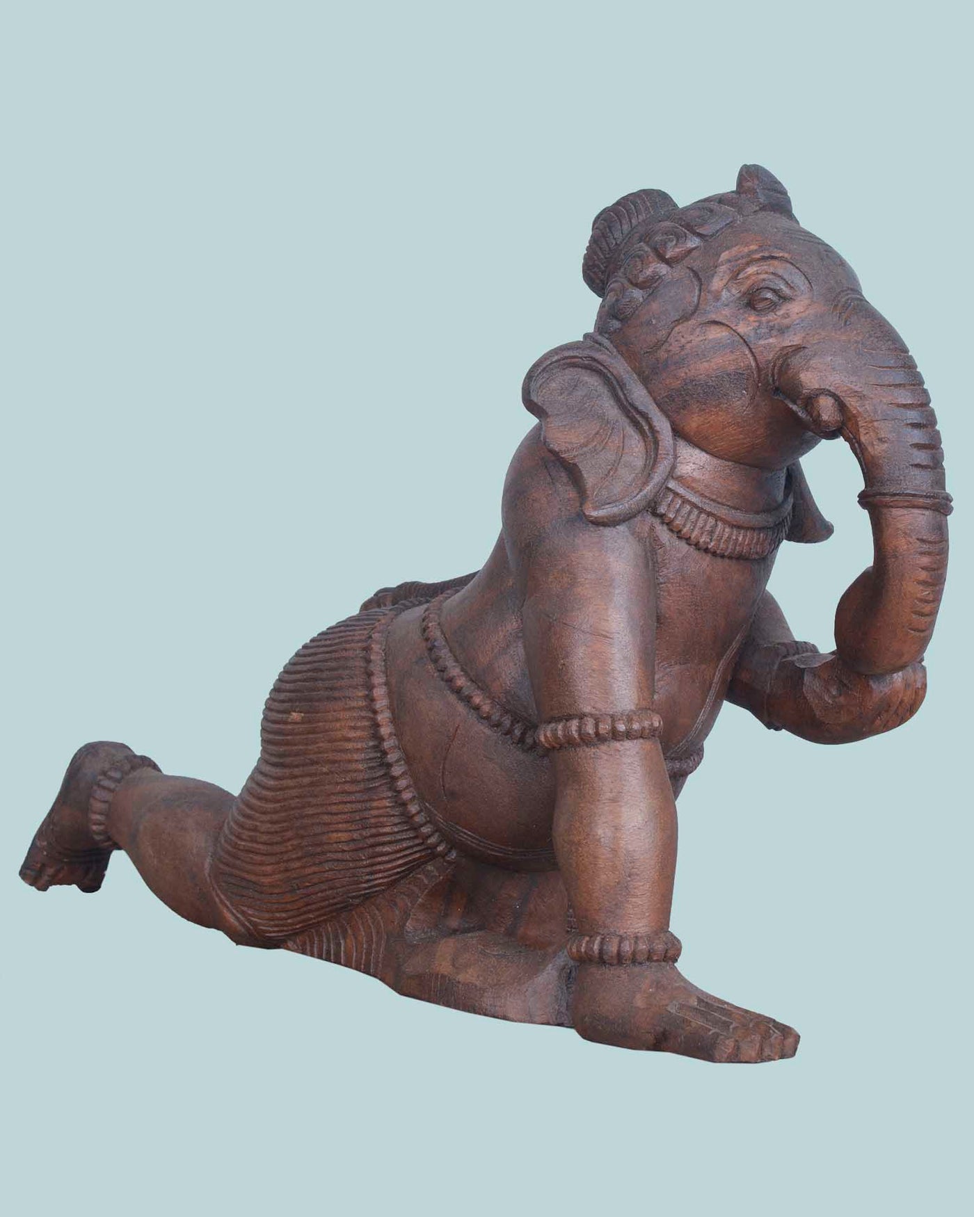 Baby Ganesh Holding Ladoo Wooden sculpture 16"