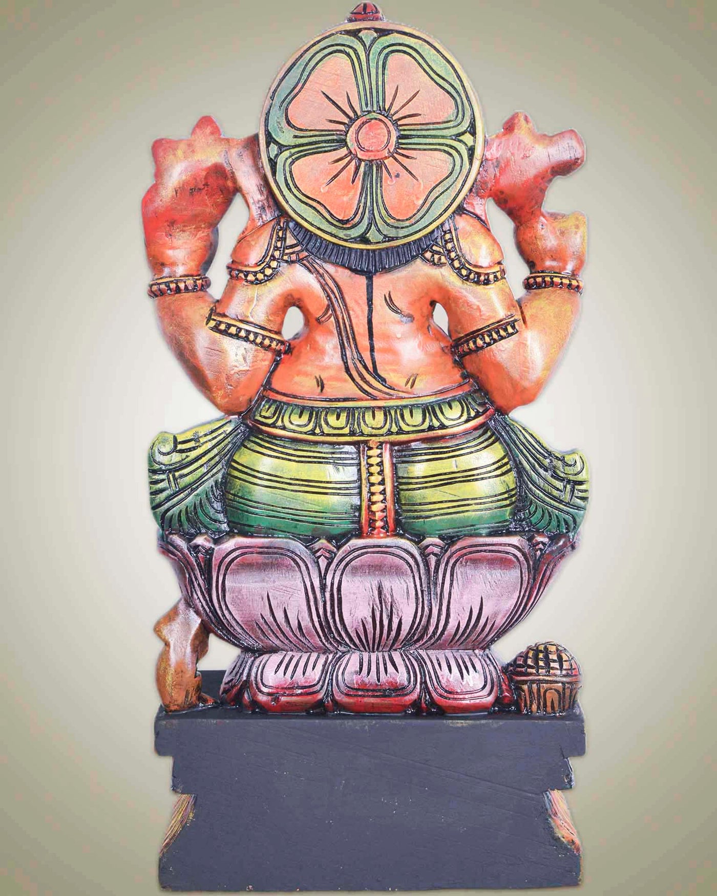 Orange Ganesha On Lotus Wooden Sculpture 24"