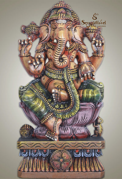 Orange Ganesha On Lotus Wooden Sculpture 24"