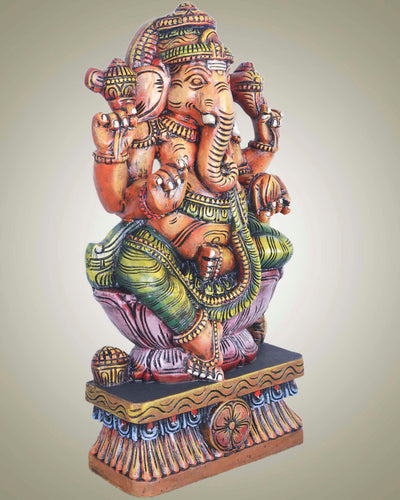 Orange Ganesha On Lotus Wooden Sculpture 24"