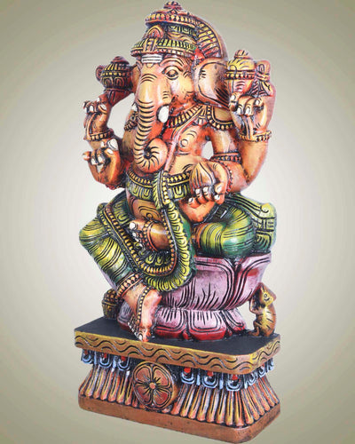 Orange Ganesha On Lotus Wooden Sculpture 24"