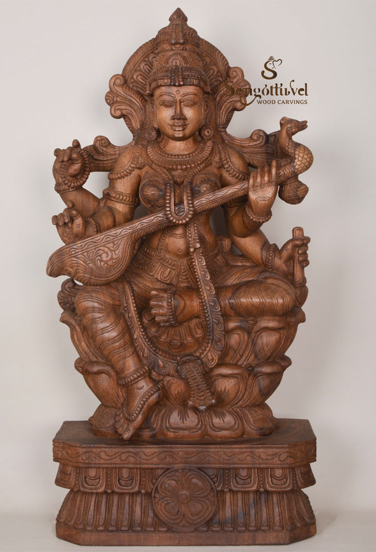 Goddess of Knowledge Saraswathi Wooden Statue 36"