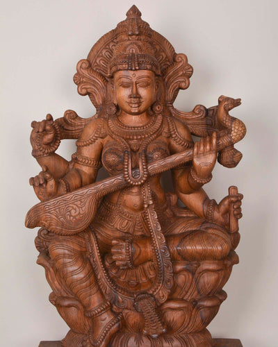 Goddess of Knowledge Saraswathi Wooden Statue 36"