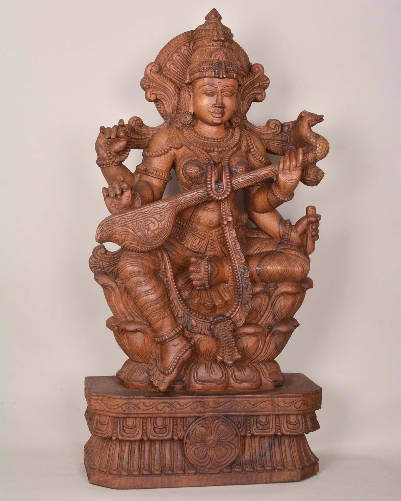 Goddess of Knowledge Saraswathi Wooden Statue 36"