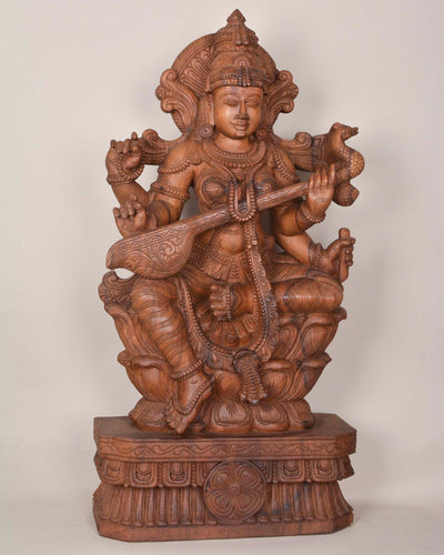 Goddess of Knowledge Saraswathi Wooden Statue 36"