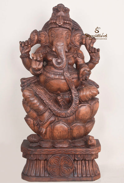 Wooden Ganapathi on Double petal Lotus sculpture 24"