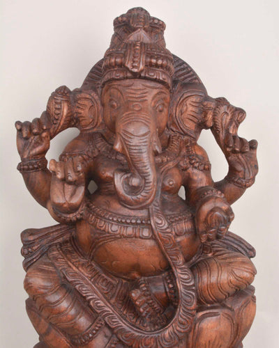 Wooden Ganapathi on Double petal Lotus sculpture 24"