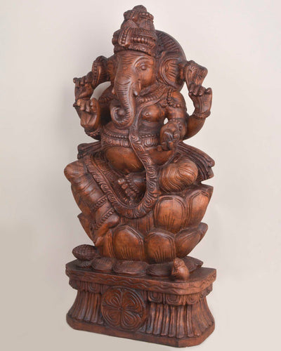 Wooden Ganapathi on Double petal Lotus sculpture 24"