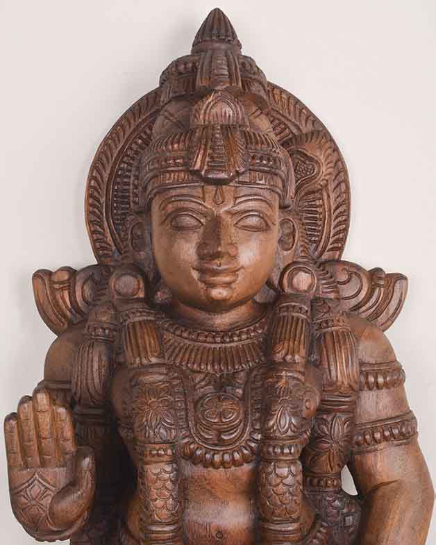 Abhaya Mudra Vishnu On Beedam Wooden Sculpture 38"