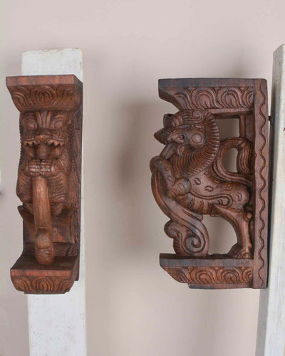 Powerful Ancient Animal Yaazhi Wooden Wall Brackets 9.5"
